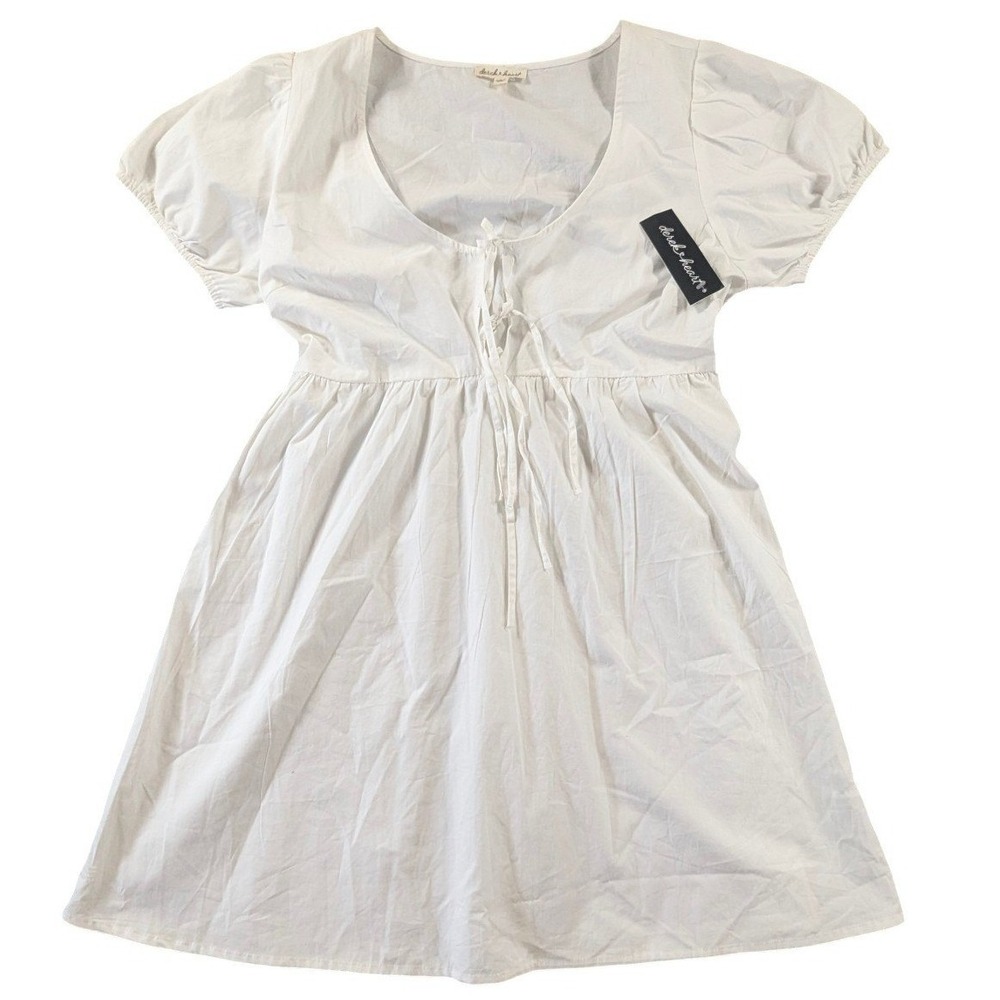 Derek Heart White Cotton Puff Sleeve Babydoll Mini Dress Large Cottagecore Tie